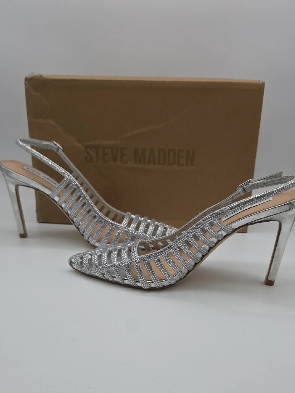 Steve Madden Silver Crystal-Strap Pointed Slingback Heels